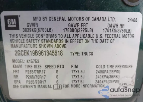 2006 Chevrolet Silverado 1500 Lt1 из США, поврежденный, VIN 2GCEK19B961345518